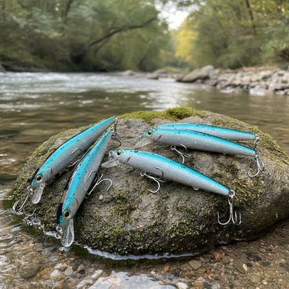 Plusieurs poissons nageurs coloris bleu-vert métallisé posés sur un rocher moussu au bord d'une rivière