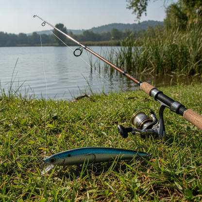 Poisson nageur coloris bleu-vert métallisé posé dans l'herbe devant une canne à pêche au bord de l'eau