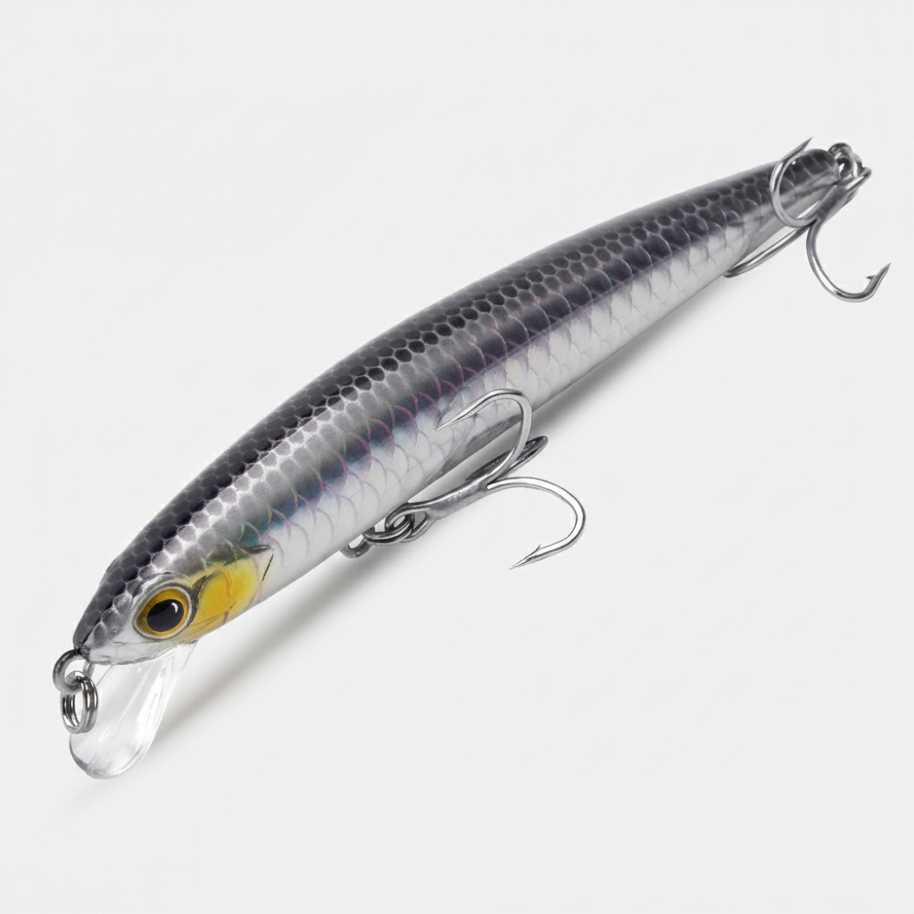 Poisson nageur suspendant, coloris gris joue jaune, vue studio