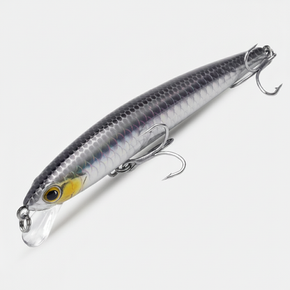 Poisson nageur suspendant, coloris gris joue jaune, vue studio