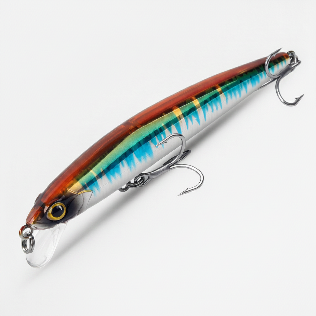Poisson nageur suspendant, coloris orange à bandes turquoise, vue studio