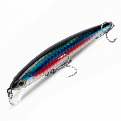 Poisson nageur suspendant, coloris bleu-vert rayé rouge, vue studio