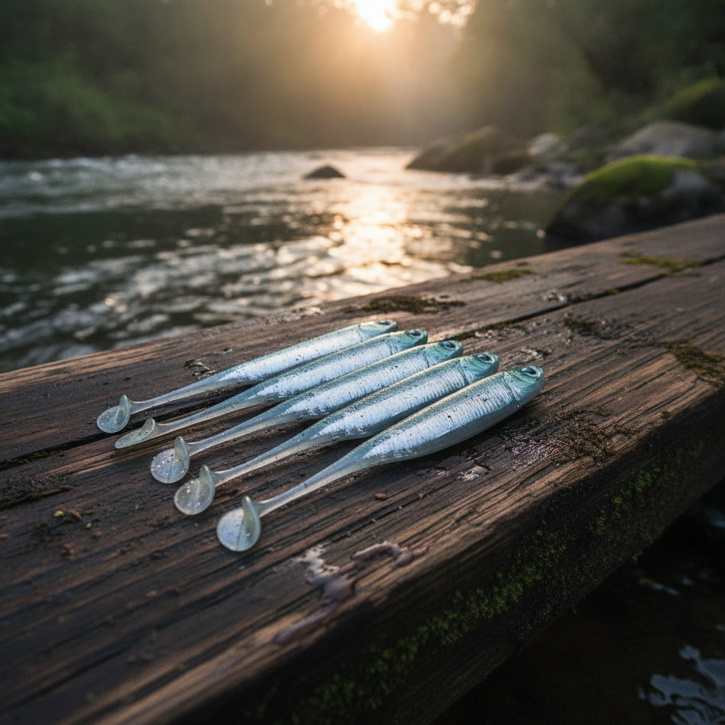 Plusieurs leurres souples finesse coloris bleu-vert posés sur une planche de bois humide au bord d'une rivière, lumière d'aube.