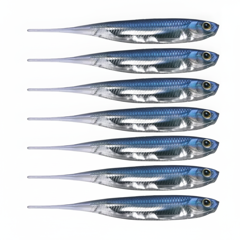 Leurre souple finesse coloris bleu, packshot studio sur fond blanc, lot de 6.