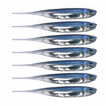 Leurre souple finesse coloris bleu, packshot studio sur fond blanc, lot de 6.