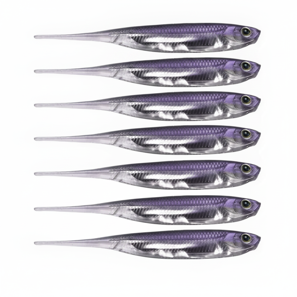 Leurre souple finesse coloris violet, packshot studio sur fond blanc, lot de 6.