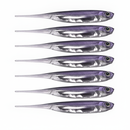 Leurre souple finesse coloris violet, packshot studio sur fond blanc, lot de 6.