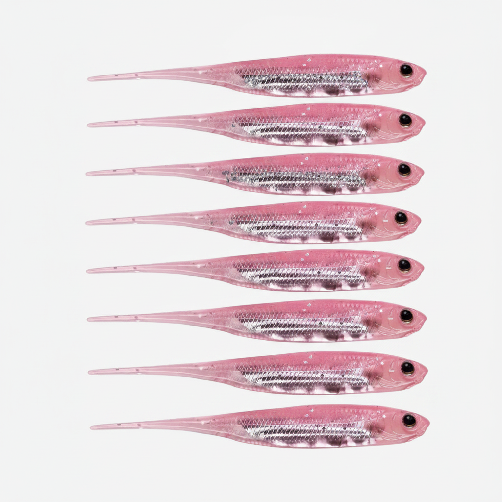Leurre souple finesse coloris rose, packshot studio sur fond blanc, lot de 6.