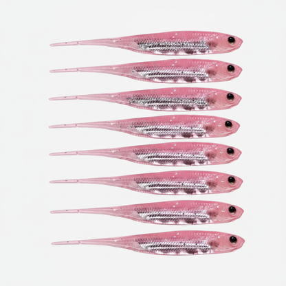Leurre souple finesse coloris rose, packshot studio sur fond blanc, lot de 6.