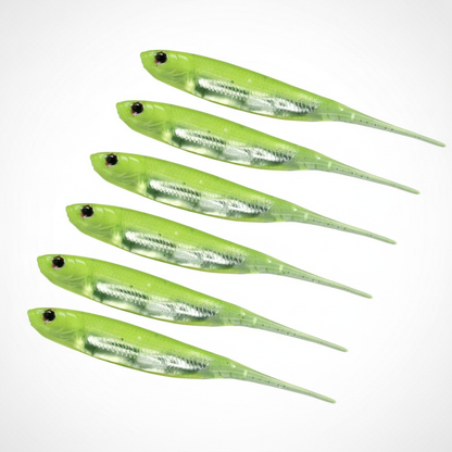 Leurre souple finesse coloris chartreuse, packshot studio sur fond blanc, lot de 6.