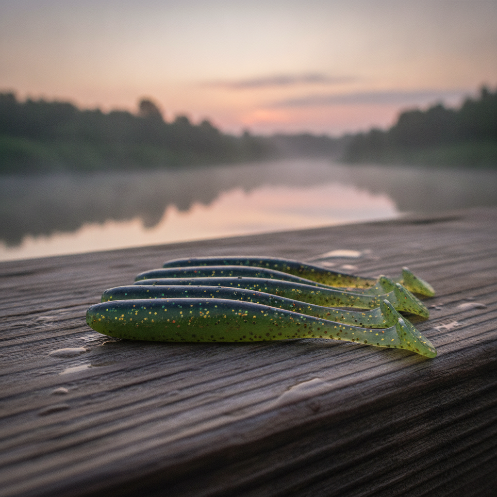 Plusieurs leurres souples à queue palette coloris vert olive pailleté posés sur une planche de bois humide au bord d'une rivière, lumière d'aube.