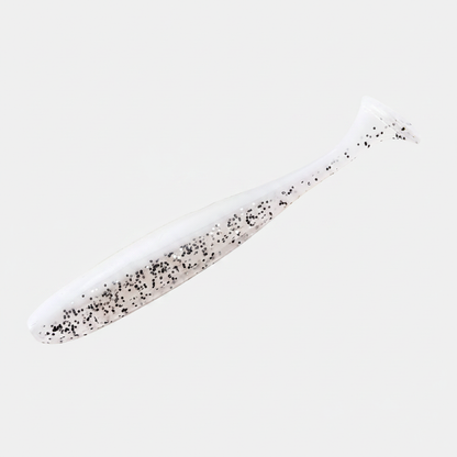 Leurre souple à queue palette coloris blanc nacré pailleté, packshot studio sur fond blanc.