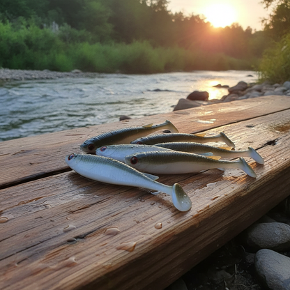 Plusieurs leurres souples à queue palette, corps strié, coloris vert olive naturel posés sur une planche de bois humide au bord d'une rivière, lumière d'aube.