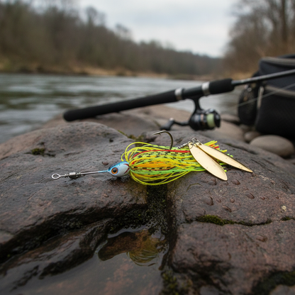 Spinnerbait jaune-chartreuse posé sur une roche humide au bord d'une rivière, canne à pêche floue en arrière-plan