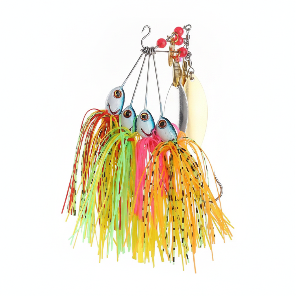 Les 4 spinnerbaits du lot alignés, palettes dorées groupées, jupe silicone dans les 4 coloris du lot, vue studio