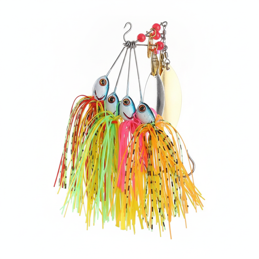 Les 4 spinnerbaits du lot alignés, palettes dorées groupées, jupe silicone dans les 4 coloris du lot, vue studio
