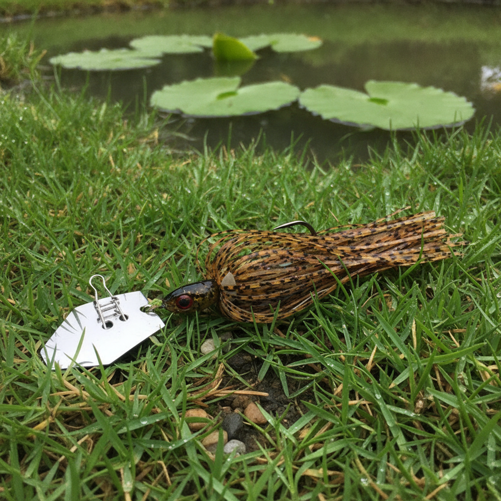 Bladed jig à jupe silicone marron tachetée posé dans l'herbe humide au bord d'un étang à nénuphars