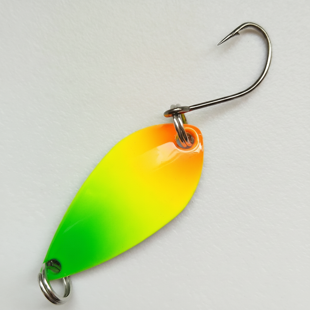 Cuillère ondulante coloris jaune-orange rictus, vue studio sur fond blanc