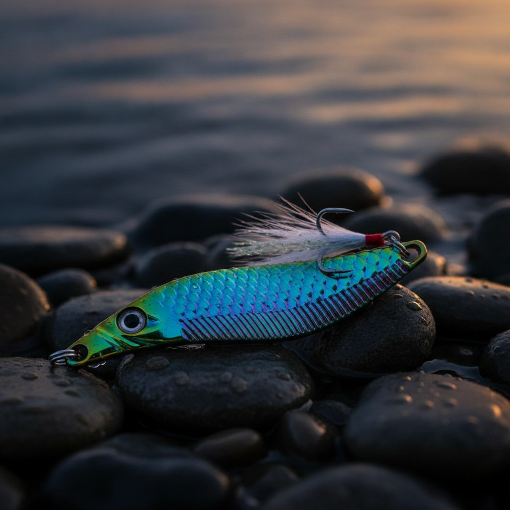 VIB Aorace coloris irisé posé sur des galets sombres et humides au bord de l'eau, lumière de fin de journée