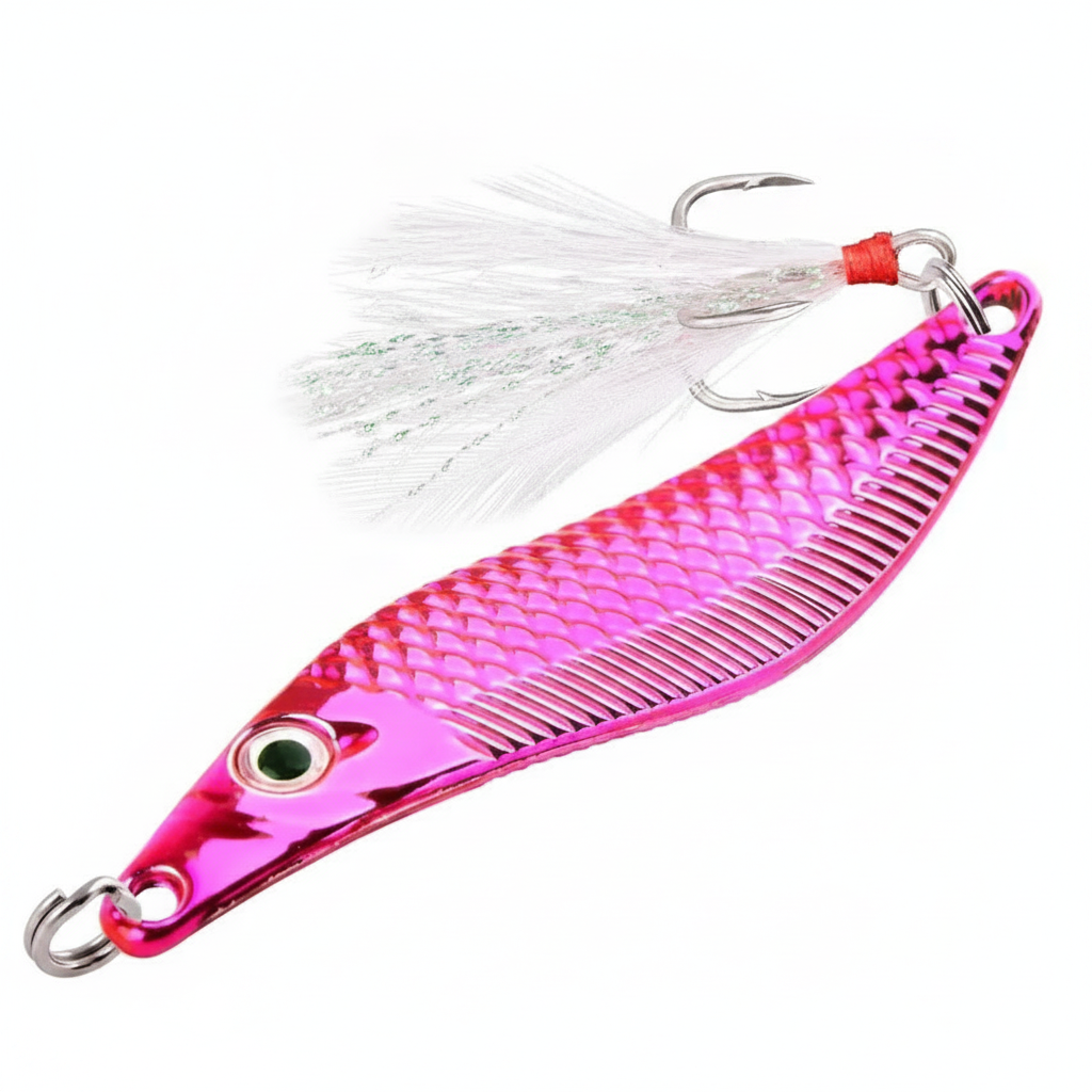 VIB Aorace coloris rose, avec hameçon triple à plumes blanches, vue studio sur fond blanc