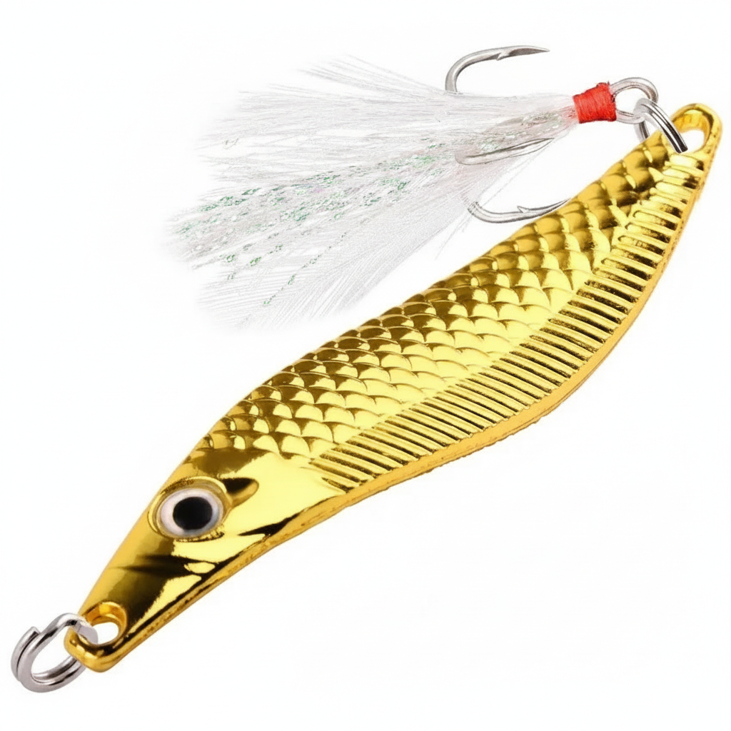 VIB Aorace coloris doré, avec hameçon triple à plumes blanches, vue studio sur fond blanc