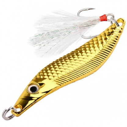 VIB Aorace coloris doré, avec hameçon triple à plumes blanches, vue studio sur fond blanc
