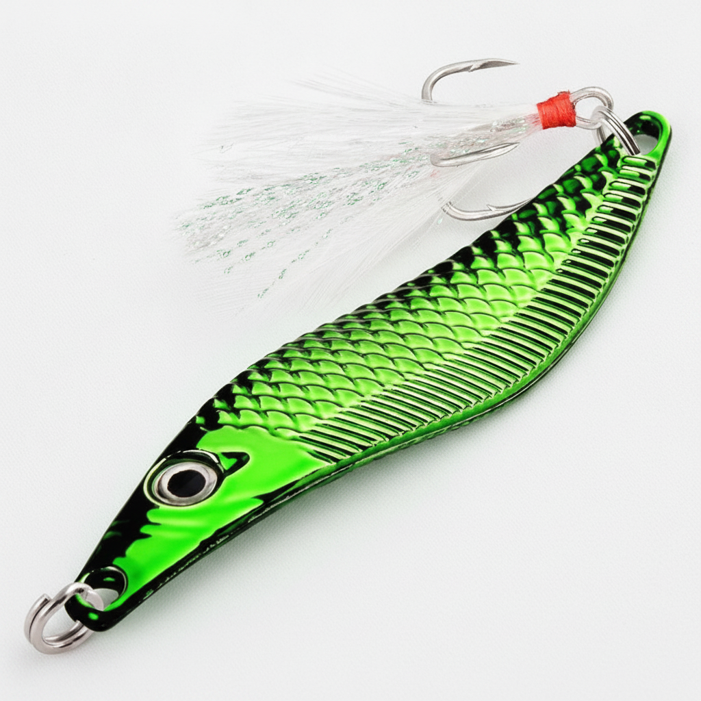 VIB Aorace coloris vert, avec hameçon triple à plumes blanches, vue studio sur fond blanc