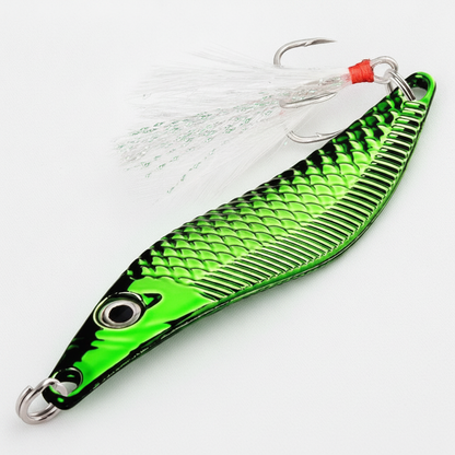VIB Aorace coloris vert, avec hameçon triple à plumes blanches, vue studio sur fond blanc