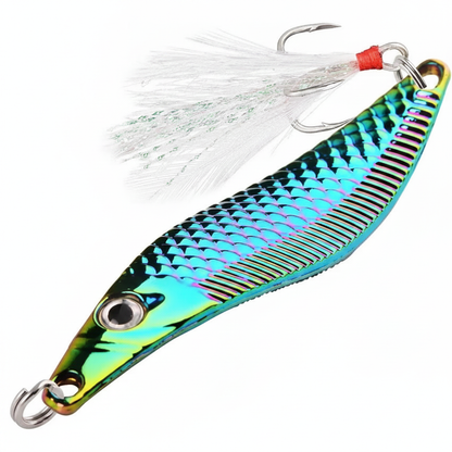 VIB Aorace coloris irisé, avec hameçon triple à plumes blanches, vue studio sur fond blanc