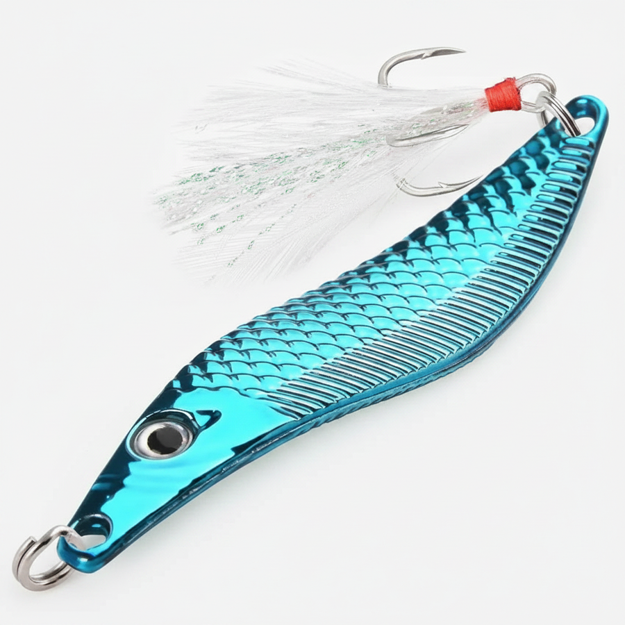 VIB Aorace coloris bleu, avec hameçon triple à plumes blanches, vue studio sur fond blanc