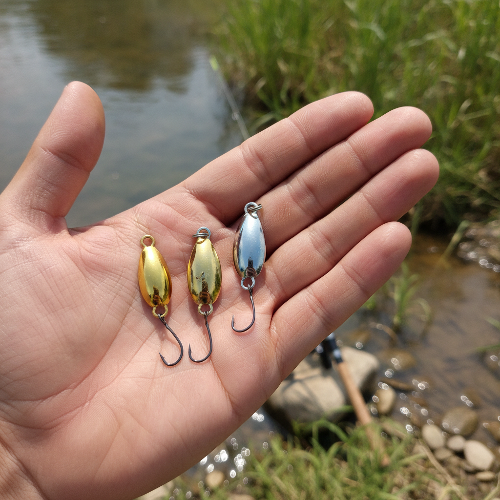 Trois micro cuillères DUODUOYU (doré, doré, argenté) posées dans une main au bord d'une rivière