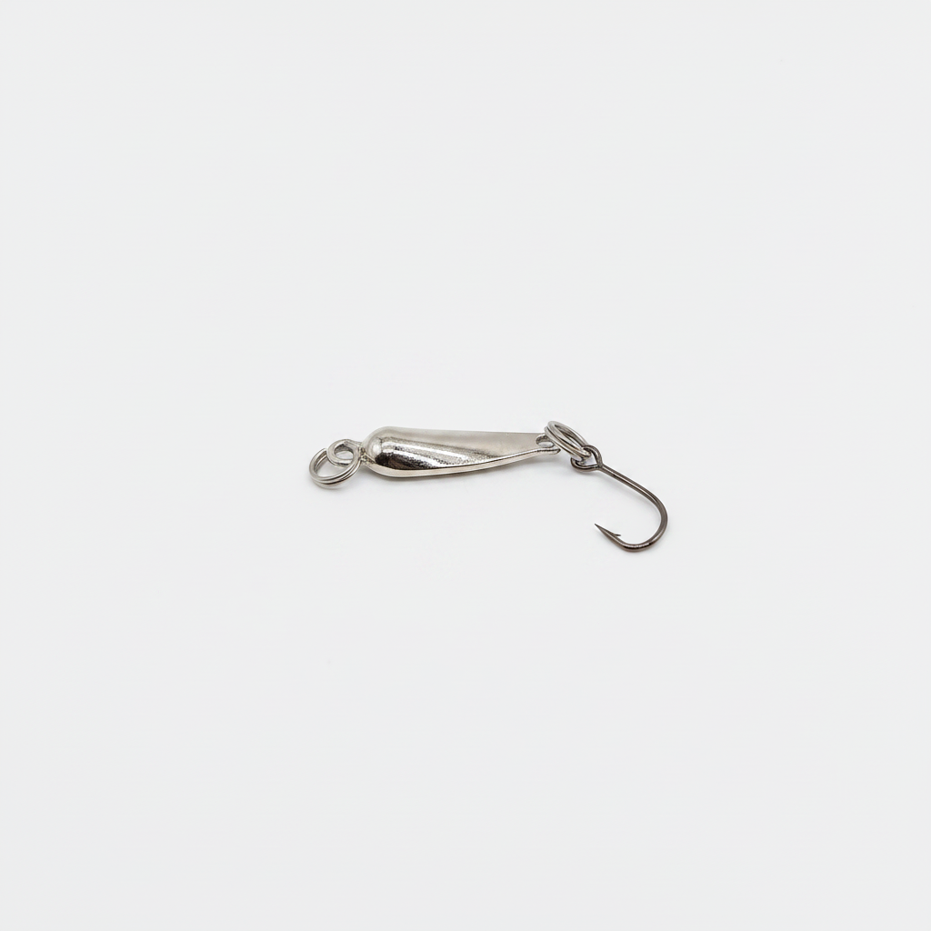 Micro cuillère DUODUOYU coloris argenté, vue studio sur fond blanc, hameçon simple