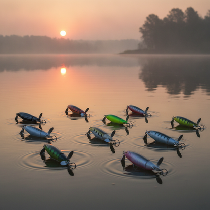 Dix poppers multicolores flottant sur un lac calme au lever du soleil, ondulations autour de chaque leurre