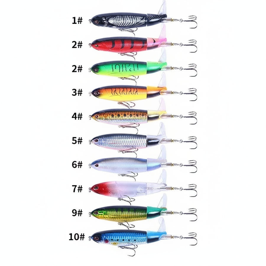 Les 10 coloris du popper format 11cm/17g alignés, vue studio sur fond blanc