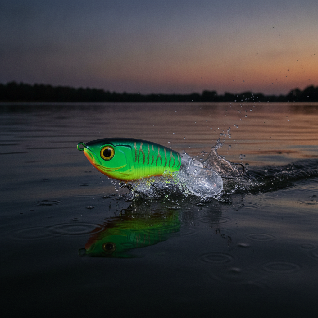 Whopper popper TREHOOK coloris vert-noir tigré, éclaboussant la surface de l'eau au crépuscule