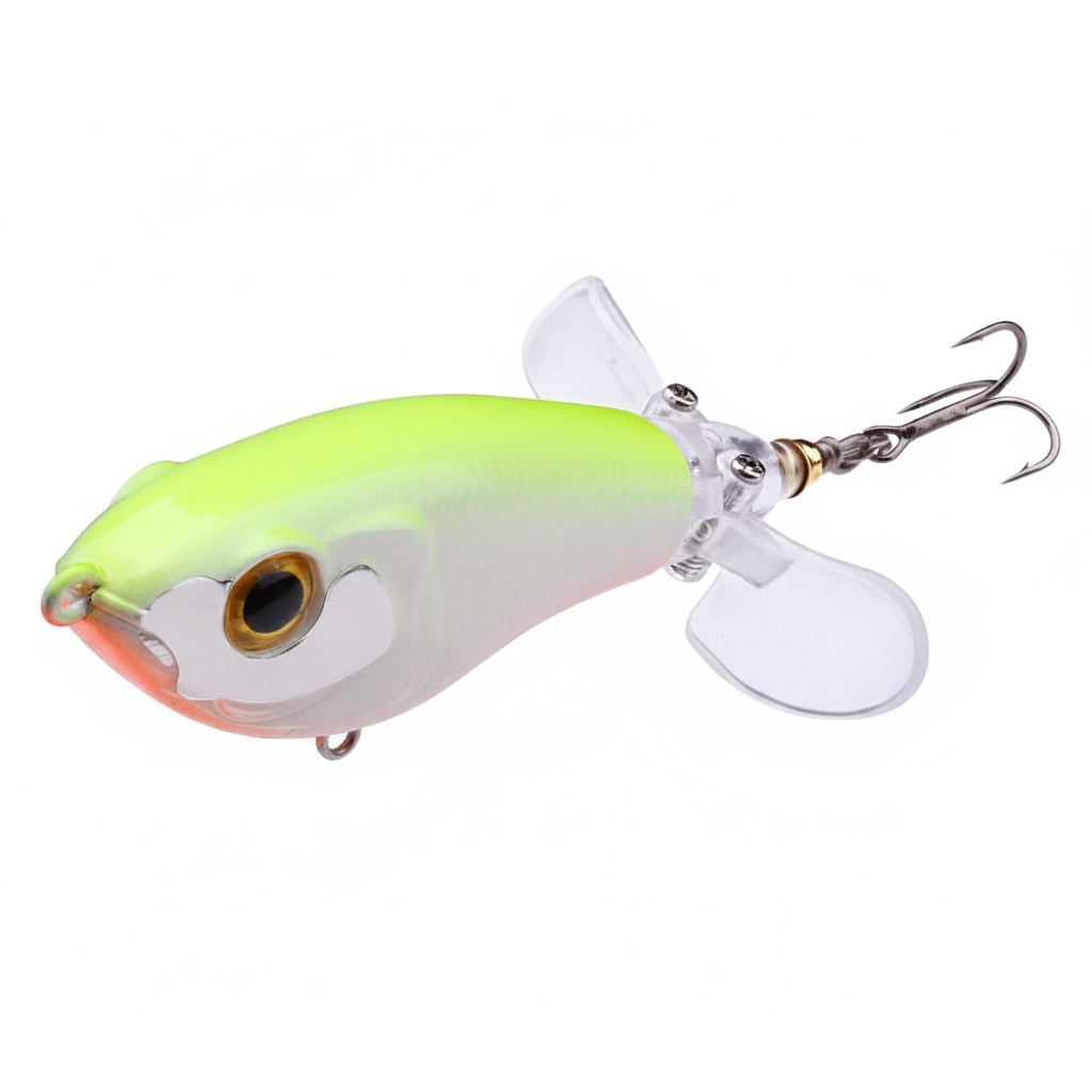 Whopper popper TREHOOK coloris chartreuse-blanc, ventre orange, taille 80mm/16g, vue studio sur fond blanc
