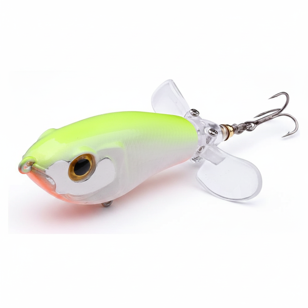 Whopper popper TREHOOK coloris chartreuse-blanc, ventre orange, taille 65mm/9g, vue studio sur fond blanc