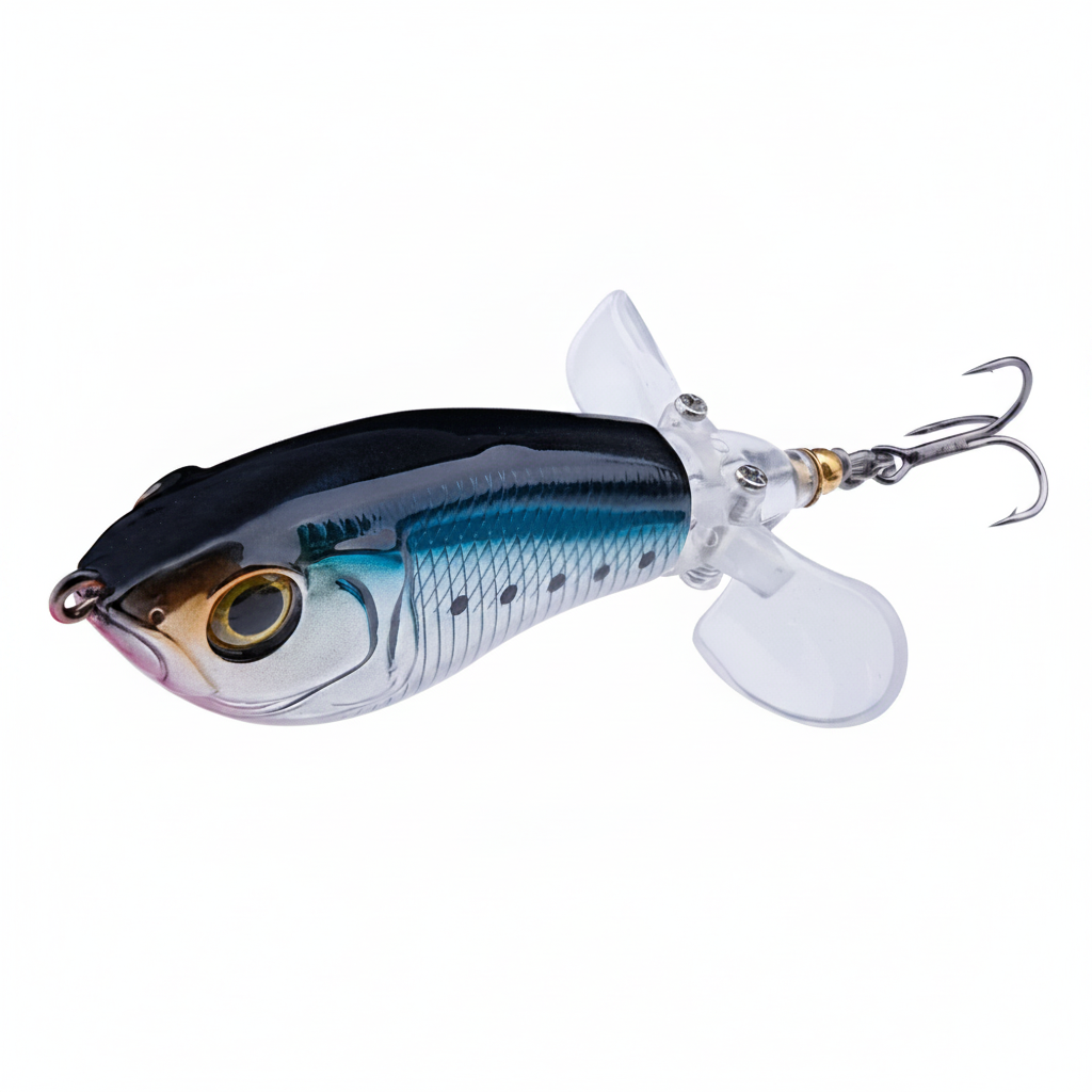 Whopper popper TREHOOK coloris noir-bleu argenté, taille 65mm/9g, vue studio sur fond blanc
