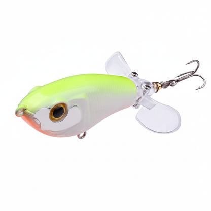 Whopper popper TREHOOK coloris chartreuse-blanc, ventre orange, taille 65mm/9g, vue studio sur fond blanc