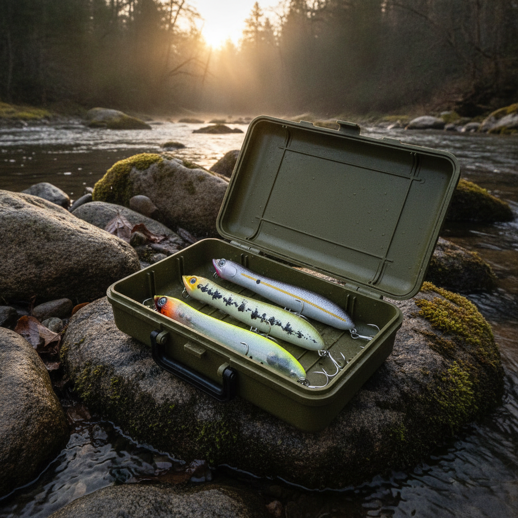 Boîte de pencil poppers ouverte sur des rochers au bord d'une rivière au lever du soleil, 3 leurres visibles