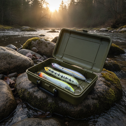 Boîte de pencil poppers ouverte sur des rochers au bord d'une rivière au lever du soleil, 3 leurres visibles