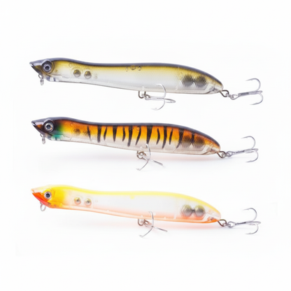 Boîte de 3 pencil poppers coloris argenté, olive tacheté et tigré, vue studio sur fond blanc