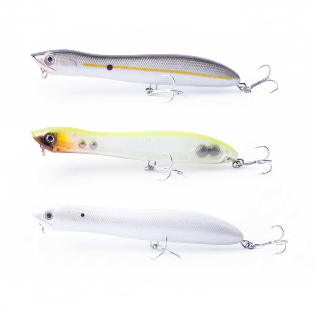 Boîte de 3 pencil poppers coloris doré tigré, bleu transparent et jaune transparent, vue studio sur fond blanc